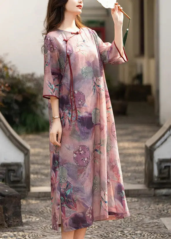 Purple Linen Dress with Elegant Button Print, Half Sleeve (CG1005)