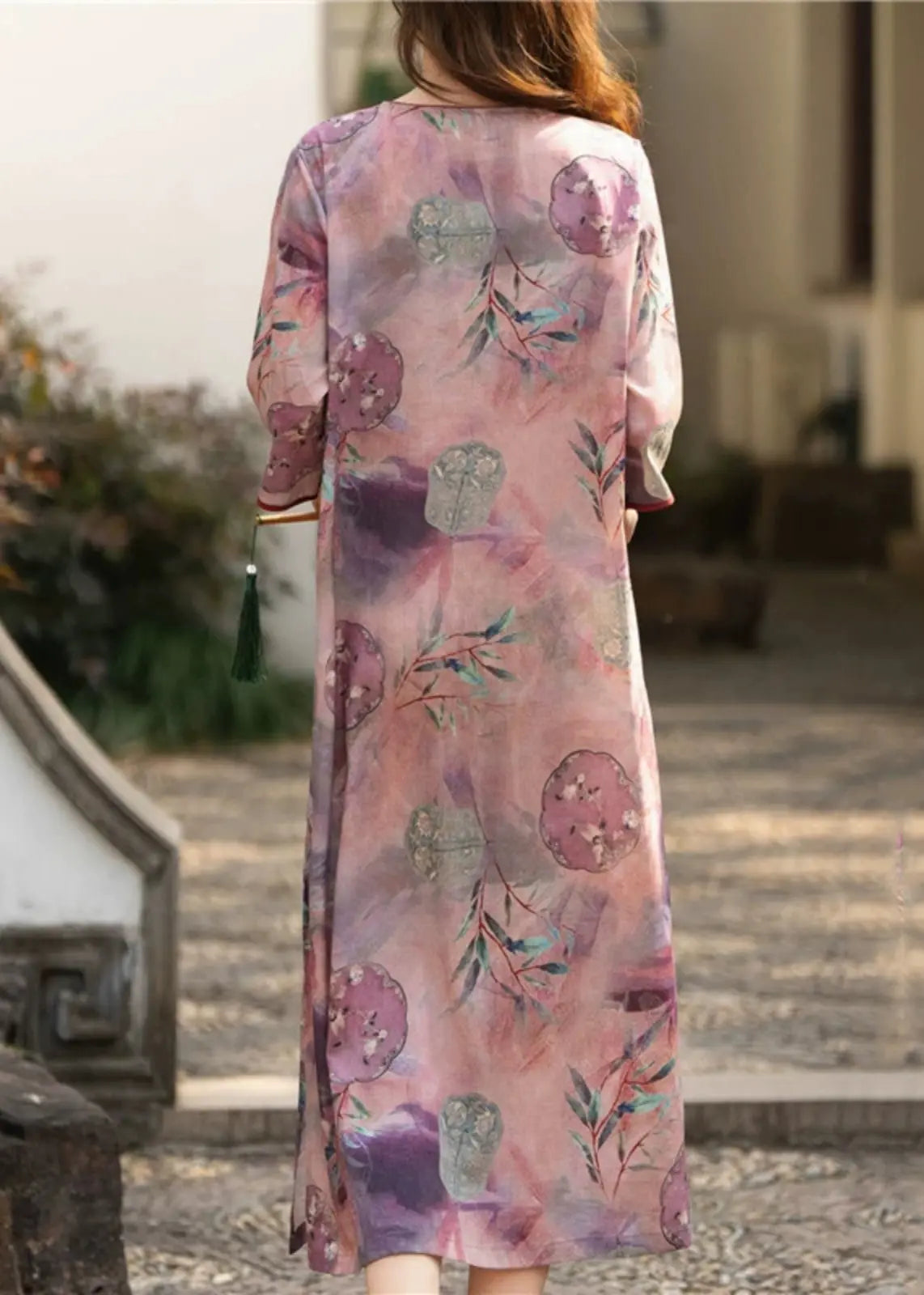 Purple Linen Dress with Elegant Button Print, Half Sleeve (CG1005)