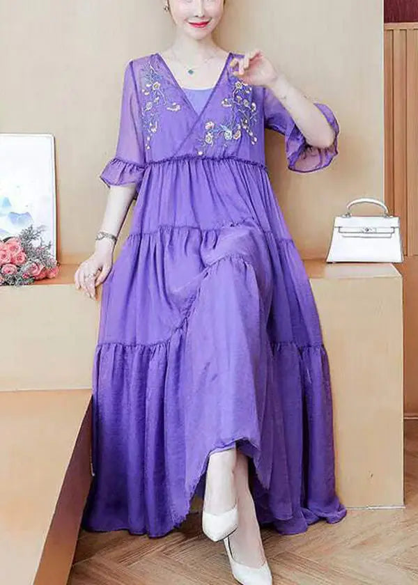 Purple V-neck embroidered chiffon dress, summer collection