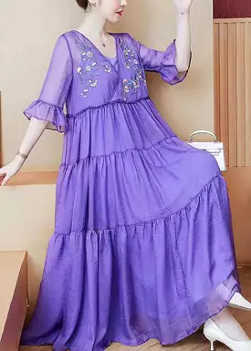 Purple V-neck embroidered chiffon dress, summer collection