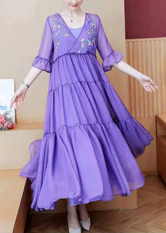 Purple V-neck embroidered chiffon dress, summer collection