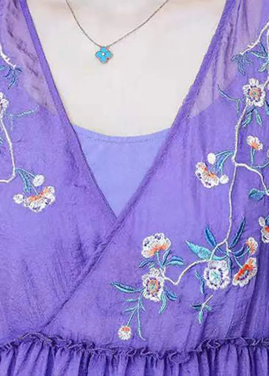 Purple V-neck embroidered chiffon dress, summer collection