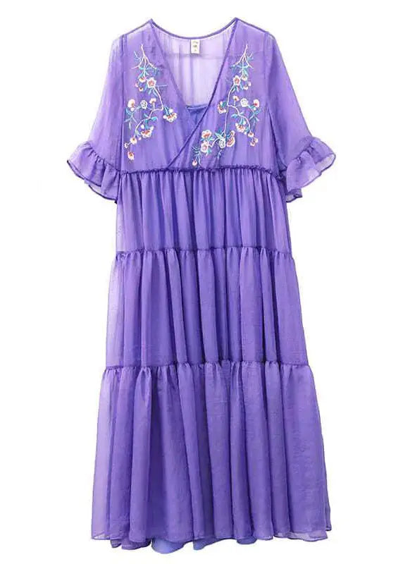 Purple V-neck embroidered chiffon dress, summer collection