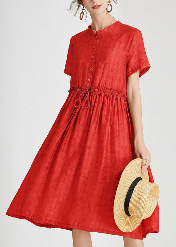 Red Ruffled Tie Waist Silk Dress - Short Sleeve - AB1017 - Buy Now.