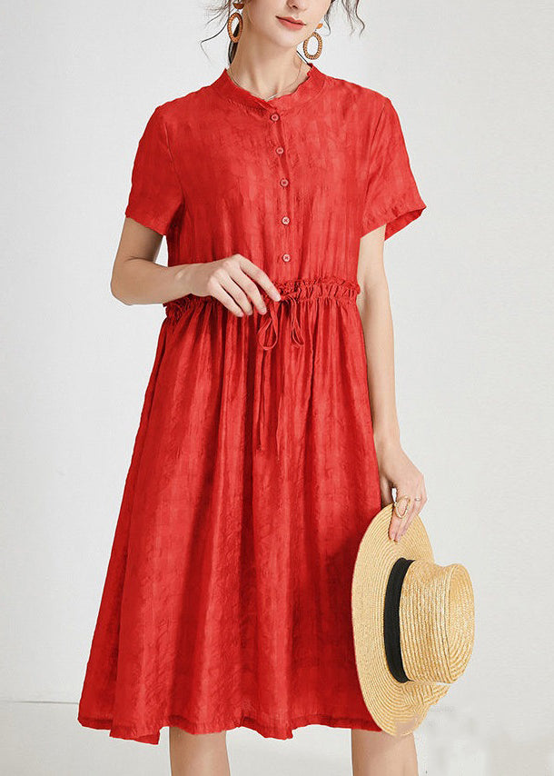 Red Ruffled Tie Waist Silk Dress - Short Sleeve - AB1017 - Buy Now.