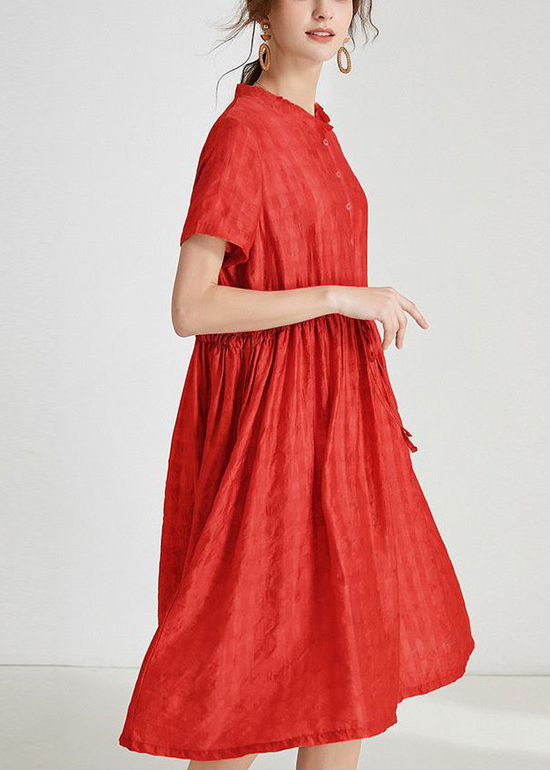 Red Ruffled Tie Waist Silk Dress - Short Sleeve - AB1017 - Buy Now.