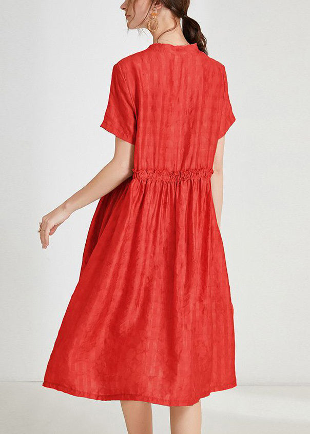 Red Ruffled Tie Waist Silk Dress - Short Sleeve - AB1017 - Buy Now.