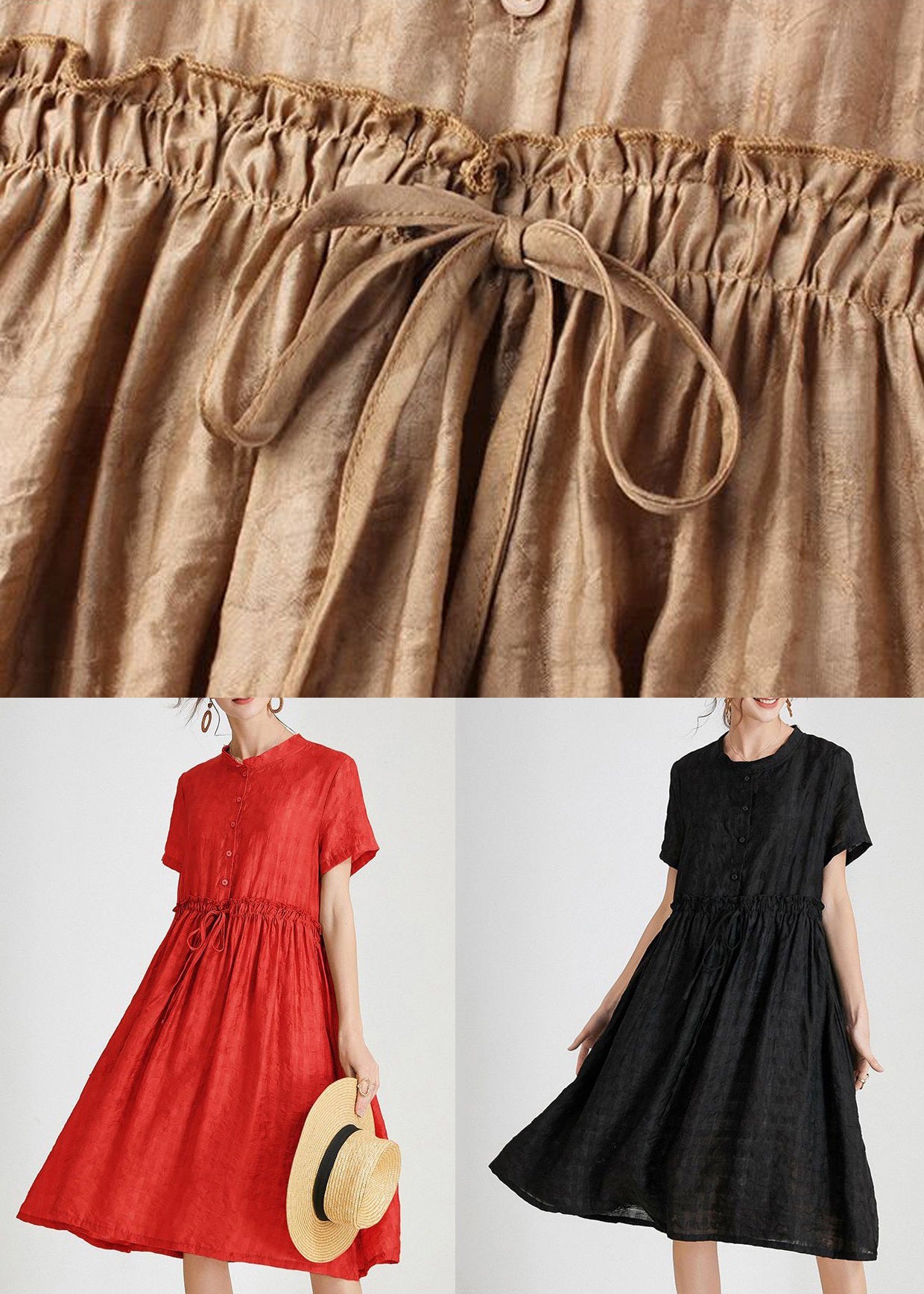 Red Ruffled Tie Waist Silk Dress - Short Sleeve - AB1017 - Buy Now.