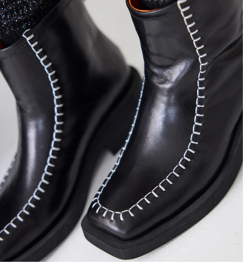 Rocket Black Square Toe Boots with Topstitching Detail