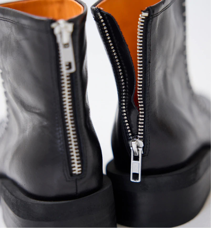 Rocket Black Square Toe Boots with Topstitching Detail