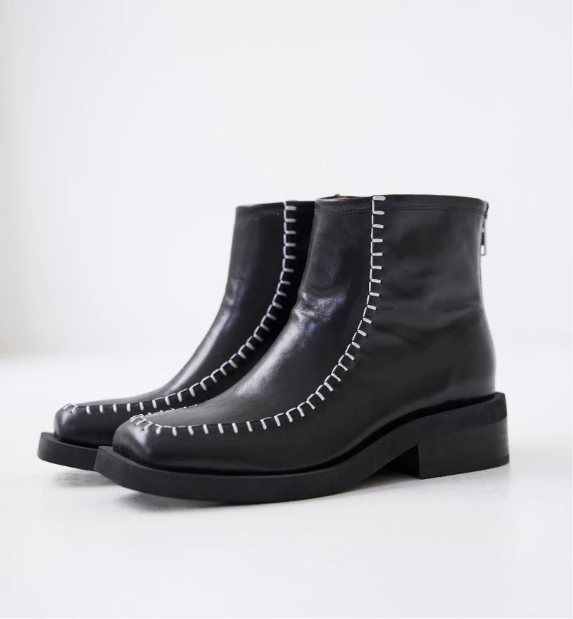 Rocket Black Square Toe Boots with Topstitching Detail