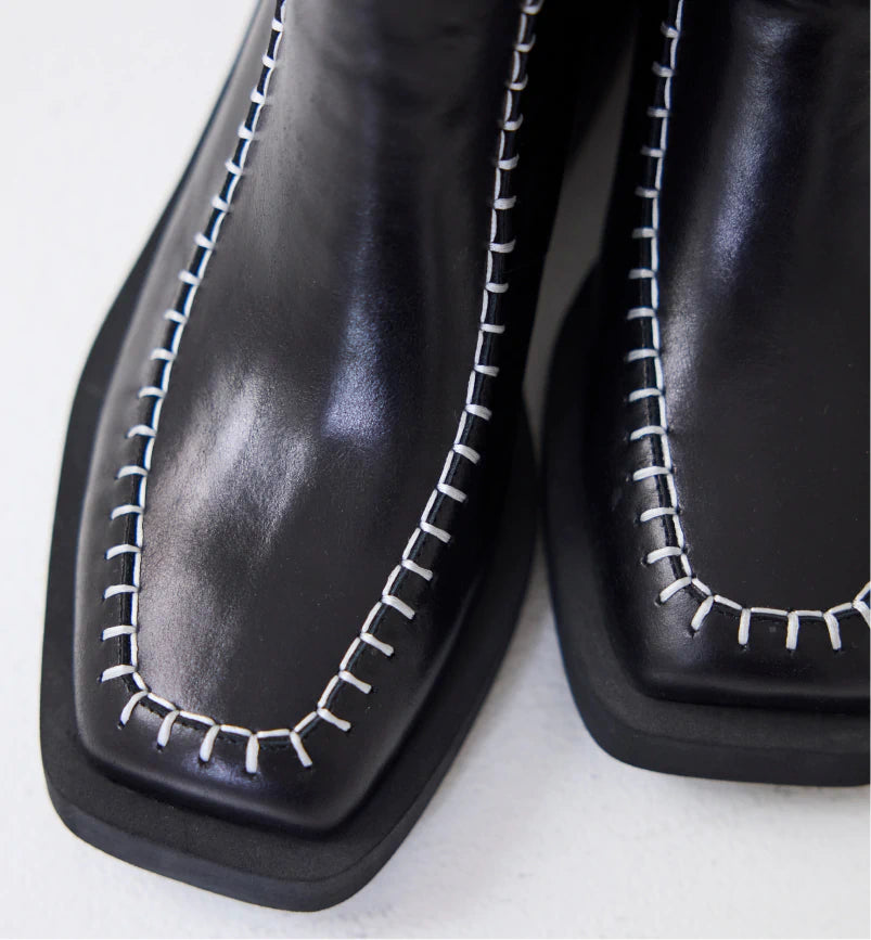 Rocket Black Square Toe Boots with Topstitching Detail