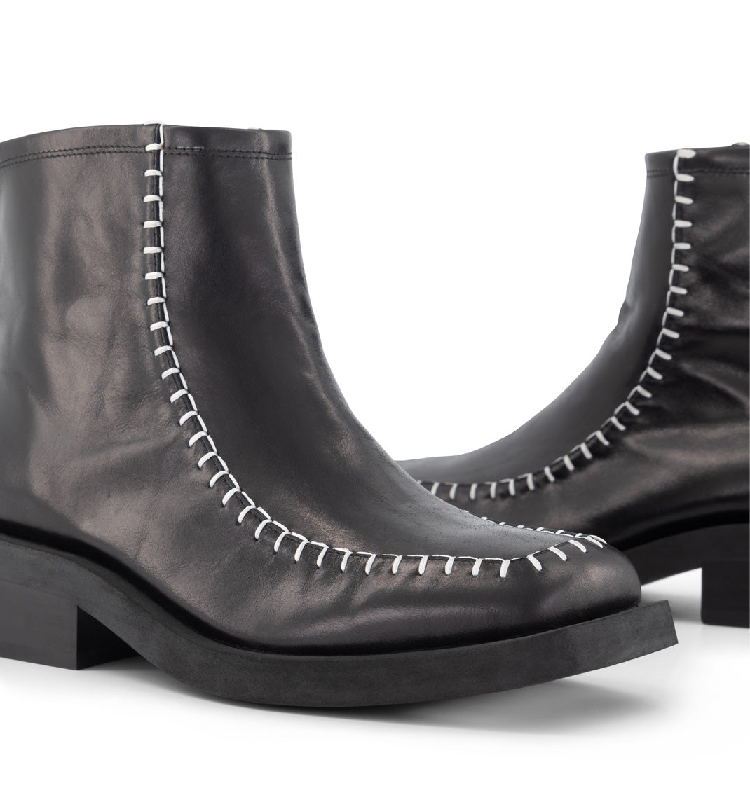 Rocket Black Square Toe Boots with Topstitching Detail