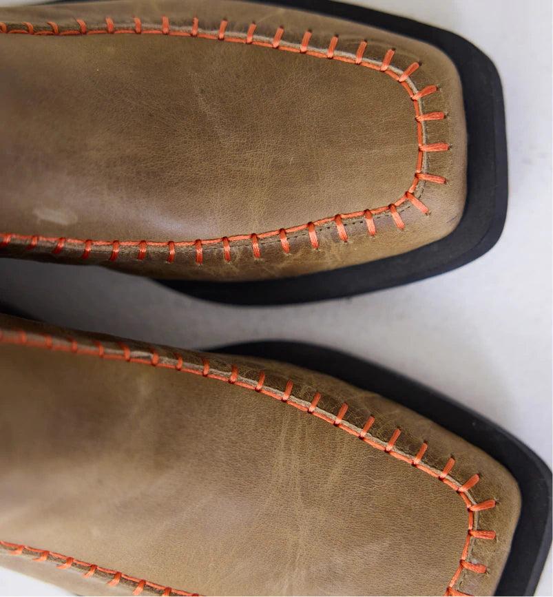 Rocket Square Toe Boots | Burnt Sage Topstitch Detail