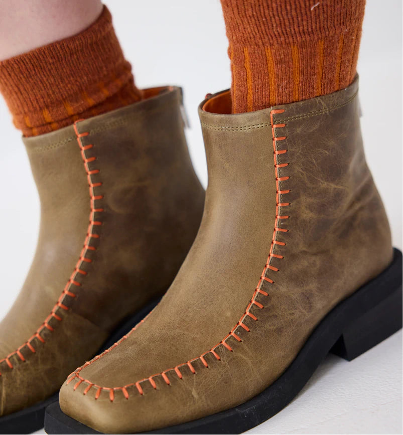 Rocket Square Toe Boots | Burnt Sage Topstitch Detail