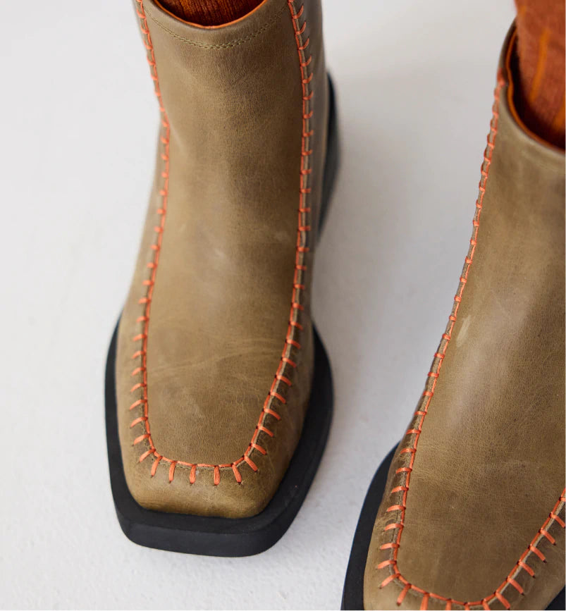 Rocket Square Toe Boots | Burnt Sage Topstitch Detail