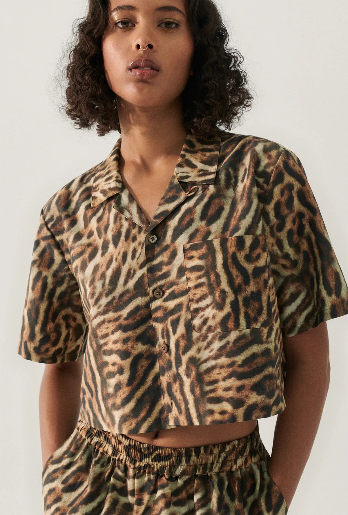 Silk Laundry - Leopard Print Cotton Silk Cropped Camp Shirt