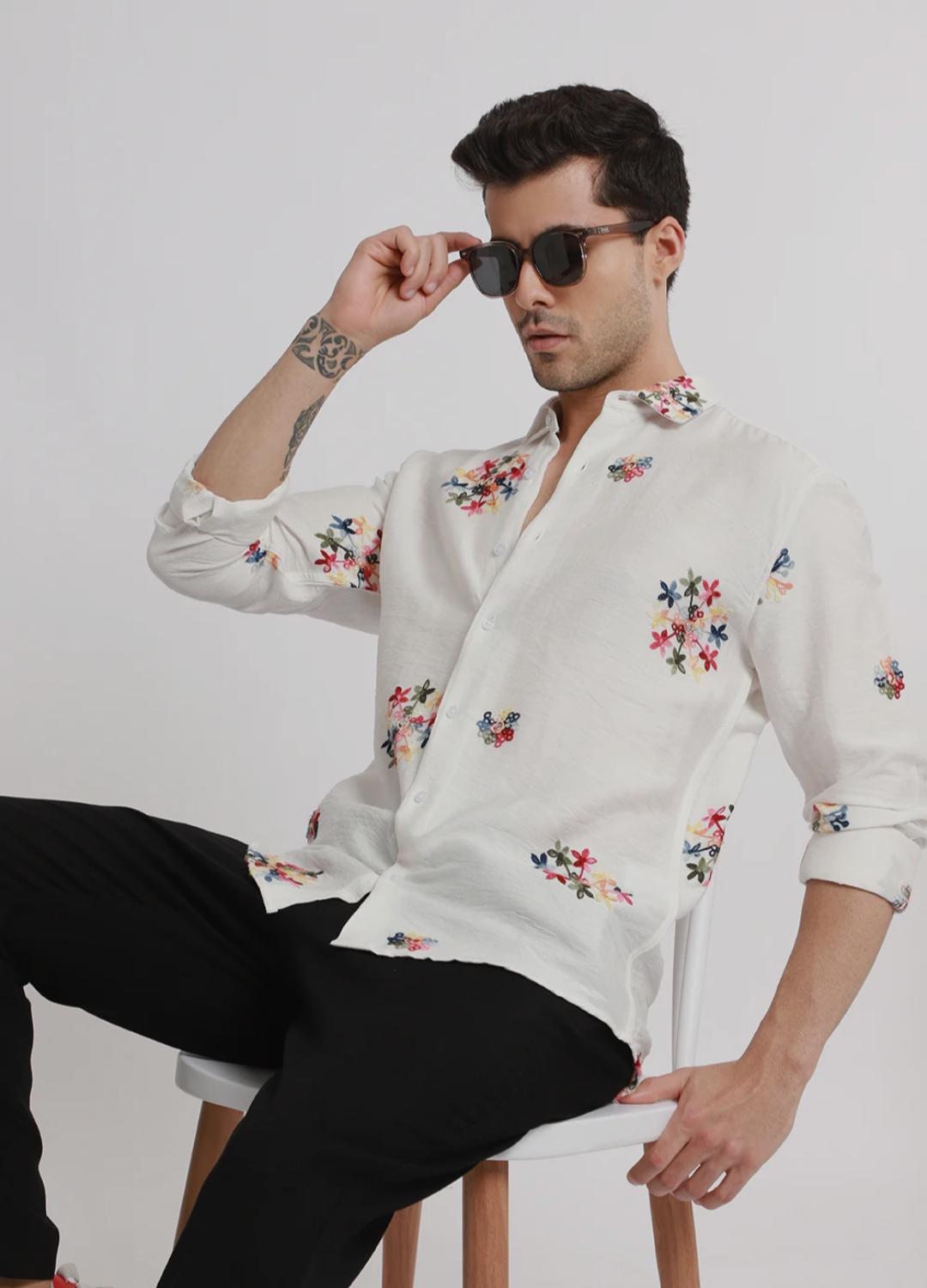 white embroidered floral shirt