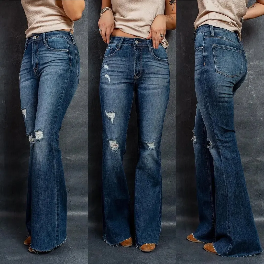 Women's High Waist Ripped Flare Jeans