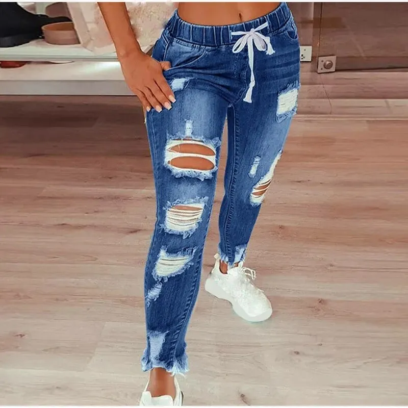 Women's Ripped Jeans with Hollow Out Design and Drawstring Closure