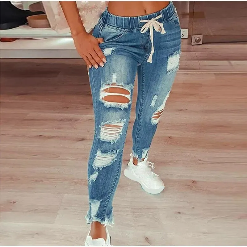 Women's Ripped Jeans with Hollow Out Design and Drawstring Closure