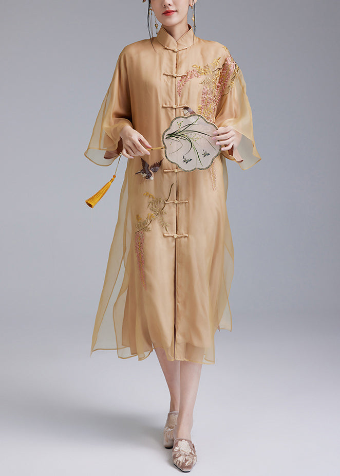 Yellow Silk Dress with Embroidered Buttons - Flare Sleeve Style (QA1077)