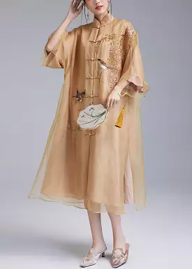 Yellow Silk Dress with Embroidered Buttons - Flare Sleeve Style (QA1077)