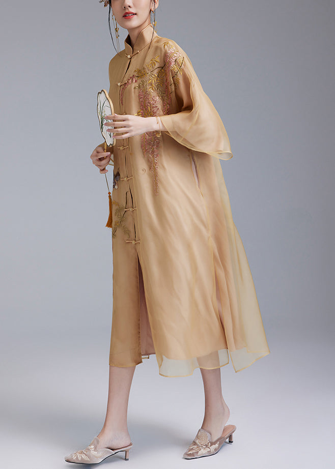 Yellow Silk Dress with Embroidered Buttons - Flare Sleeve Style (QA1077)