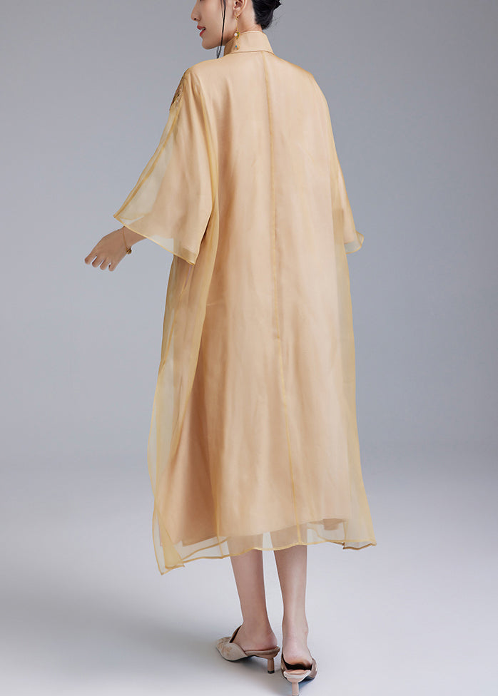 Yellow Silk Dress with Embroidered Buttons - Flare Sleeve Style (QA1077)