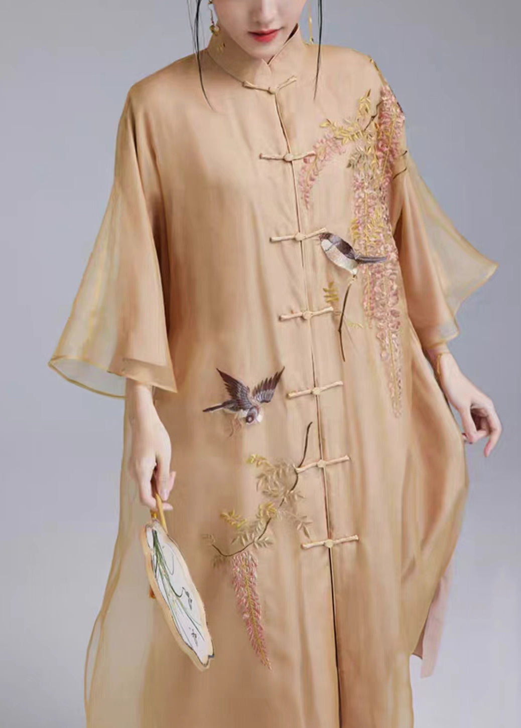 Yellow Silk Dress with Embroidered Buttons - Flare Sleeve Style (QA1077)